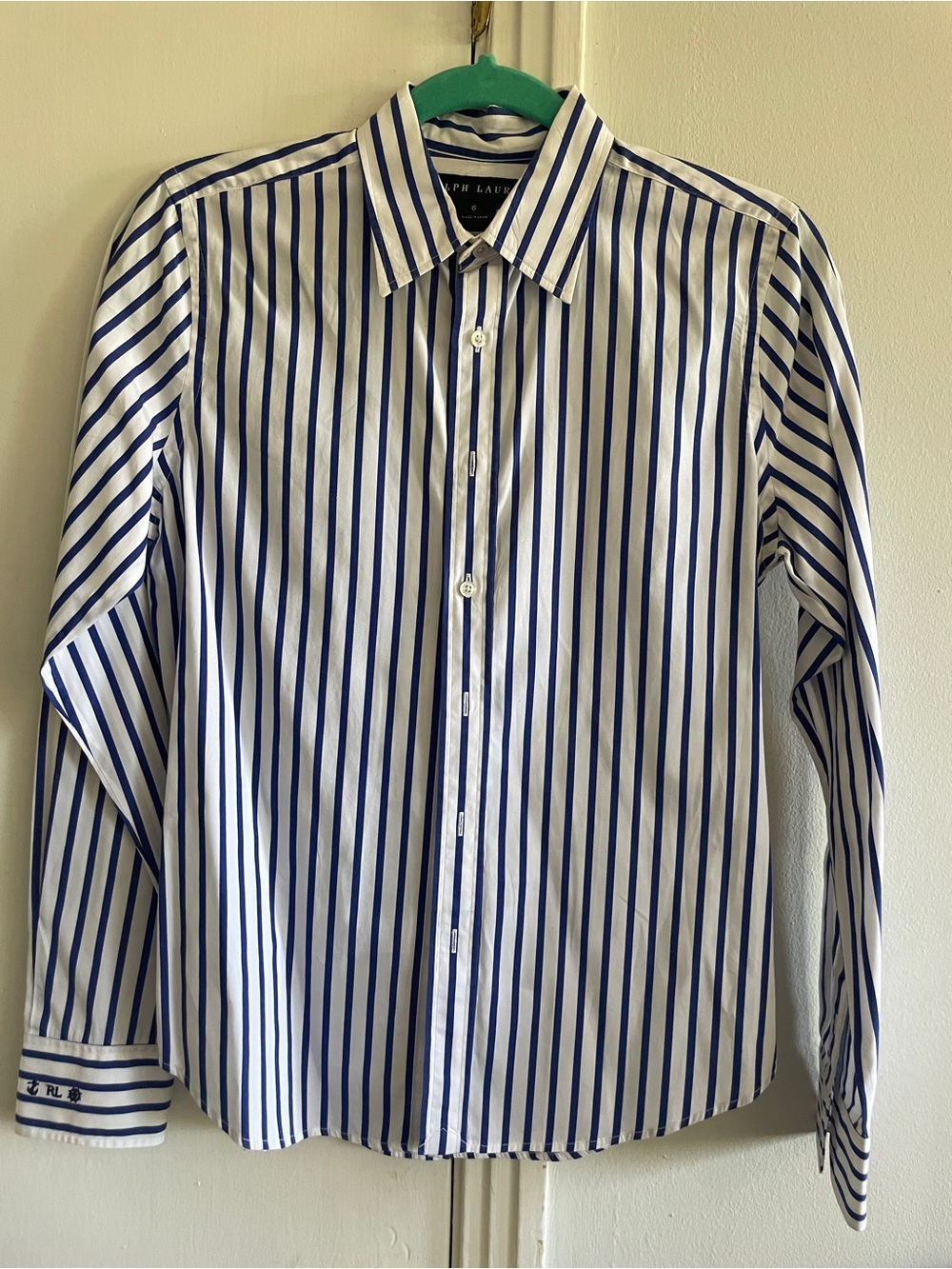 Ralph Lauren White Dress Shirt with Navy Vertical Stripes